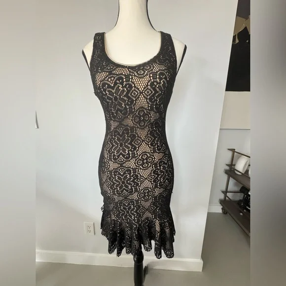 Dress the Population Black & Beige V-Neck Midi Dress - Size Small - Picture 1 of 17